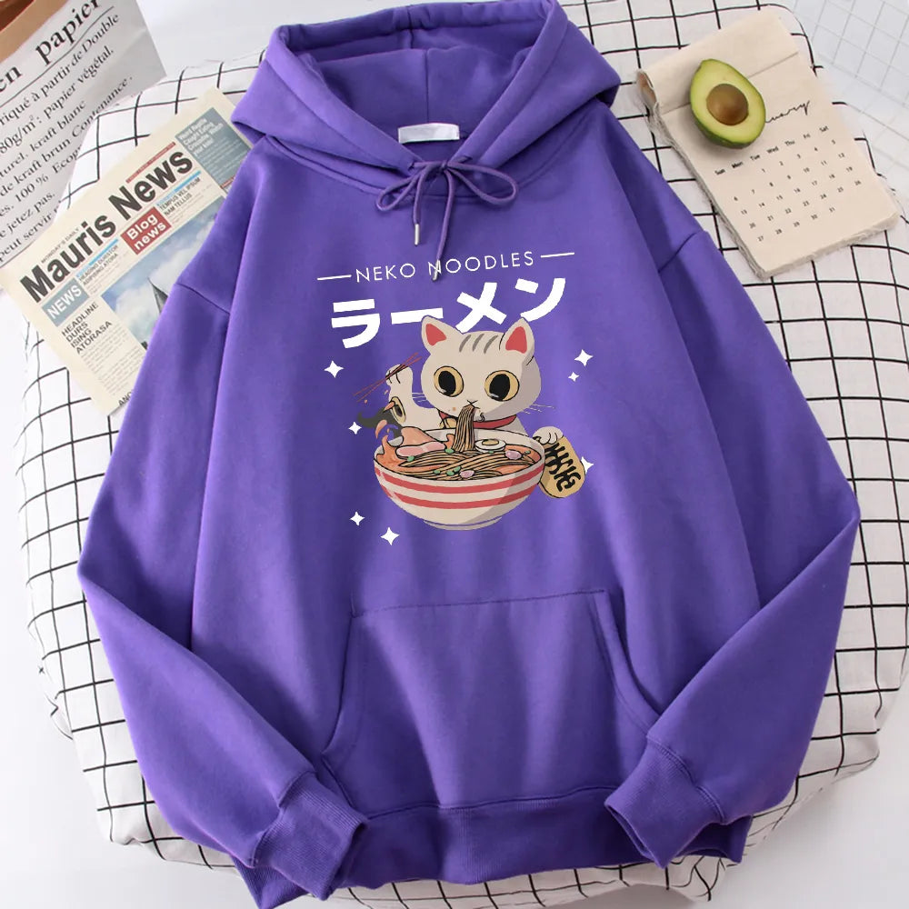 Harajuku Ramen Cat Hoodie Kawaii Comfort with Feline Flair Purple XL