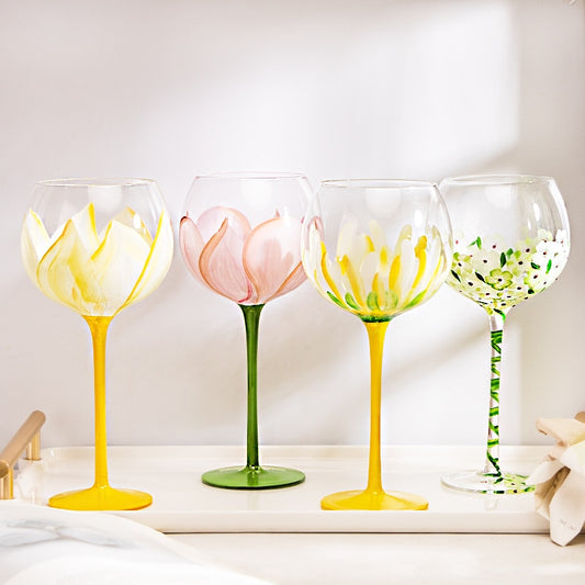 Kawaii Hand Painted Flower Glass Stemware