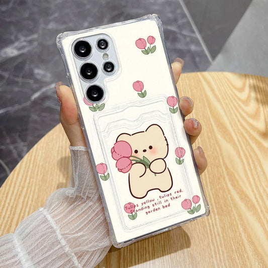 Cottage core cuties samsung kawaii phone case, bear version with cream color and tulips