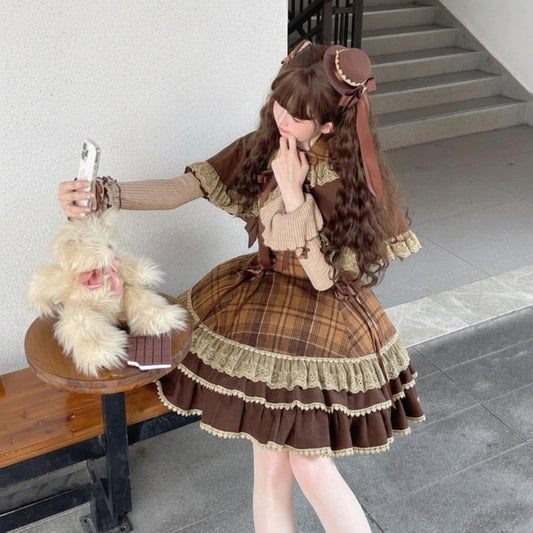Person in a brown and beige plaid dress holding a fluffy toy, with 'Voostao' branding.