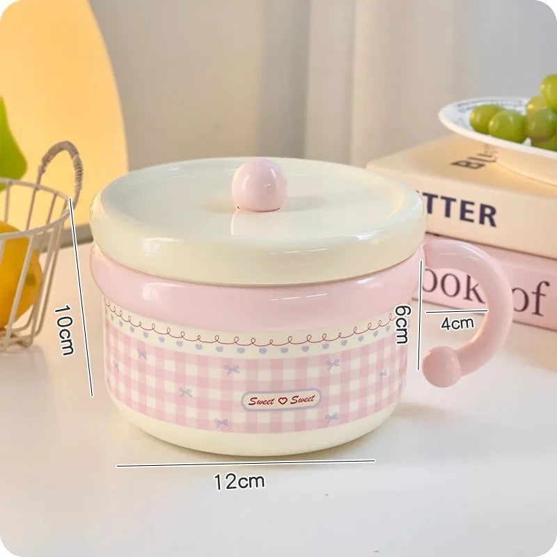 Pink ramen bowl with measurements on a white background