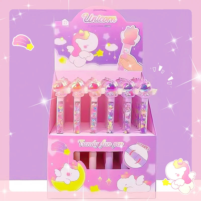 Unicorn-themed stationery set with pens and markers in a display box on a pink background.