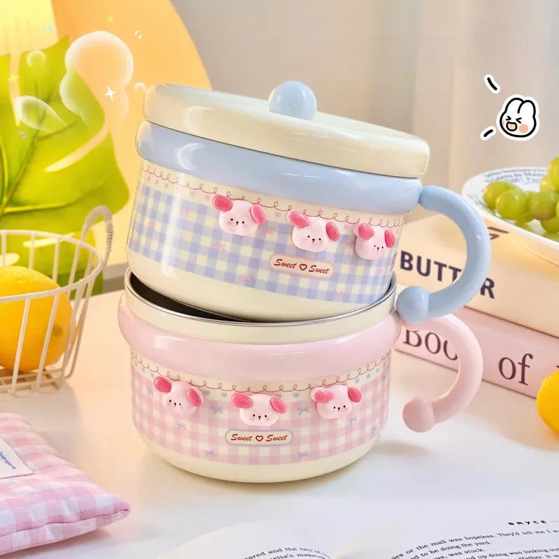 Kawaii ramen bowls stacked on a light background