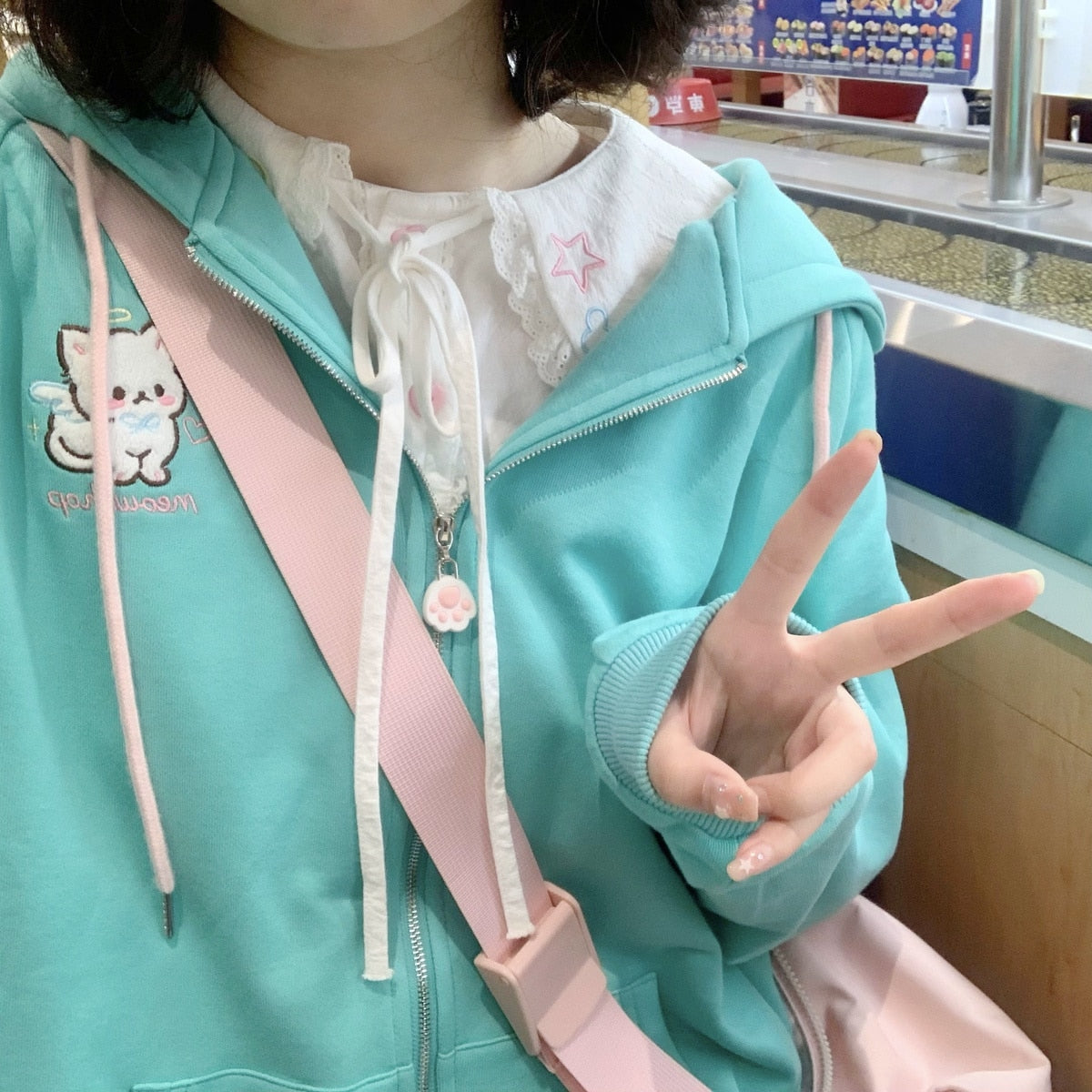 Kawaii Turquoise Angel Cat Hoodie Up Close