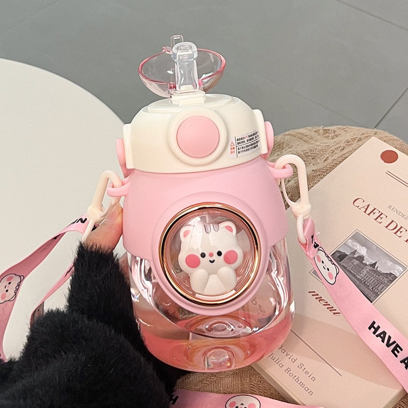 Kawaii Animal Water Bottle With Lid and Straw