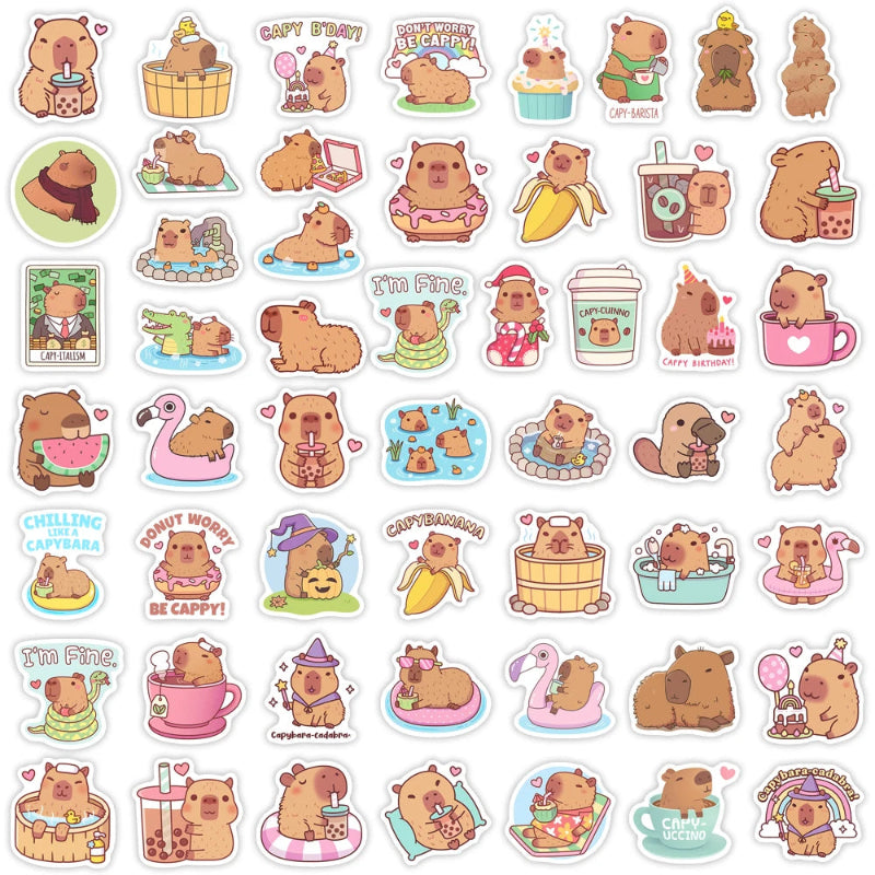 Collection of cute capybara-themed stickers on a white background