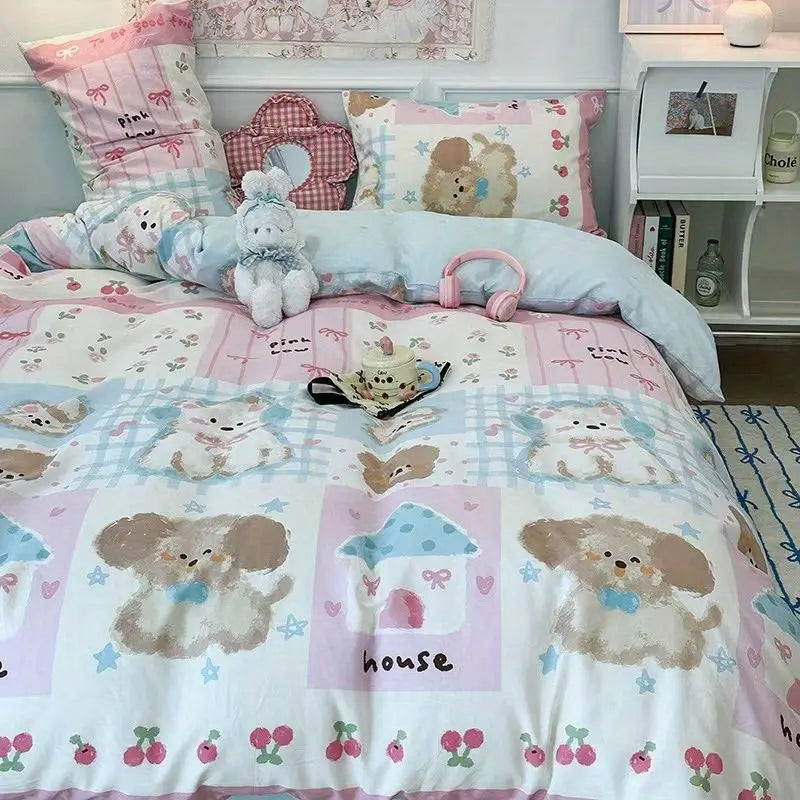 Bedroom with dogs ,bunnies and bears themed bedding and decor.