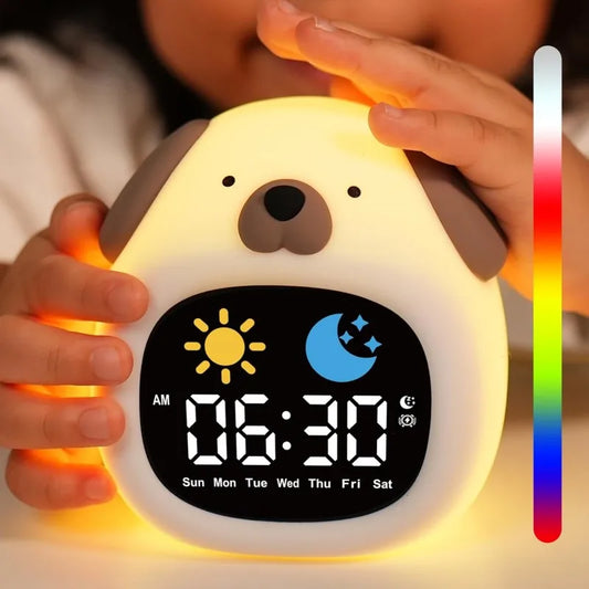 Front view of Kawaii Cute Puppy Night Light Alarm Clock