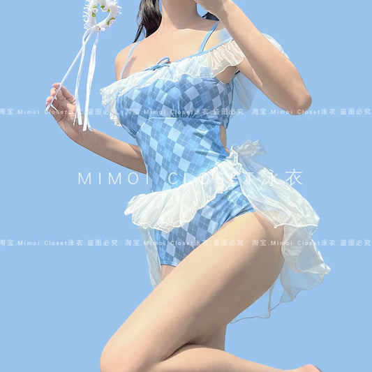 Cute Blue Argyle One Piece Swimsuit