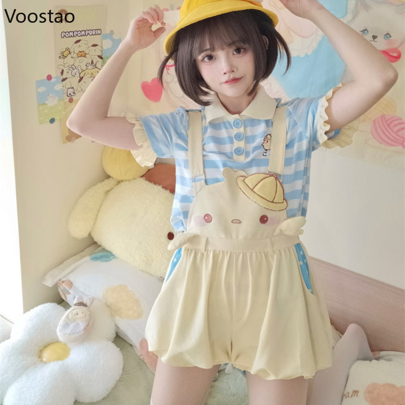 Kawaii Baby Chick Embroidery Overalls Shorts