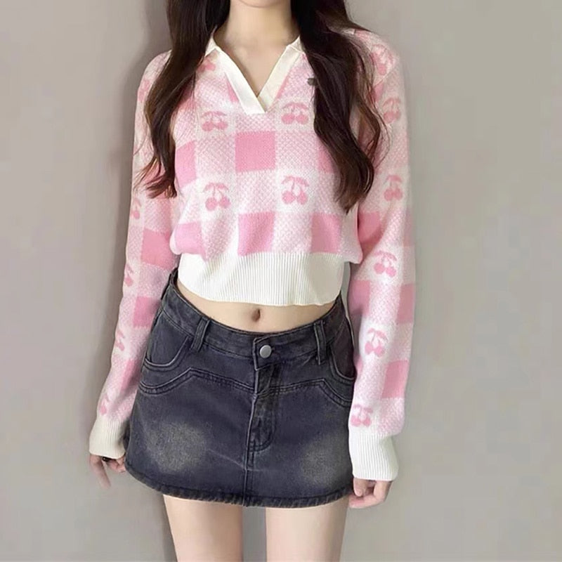 Gingham Cherry Collared Sweater