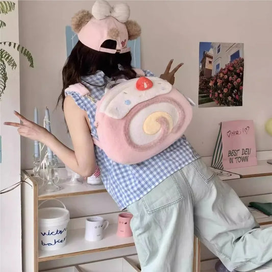 Person wearing a large, plush, swiss roll-like backpack in a room with shelves and decor.