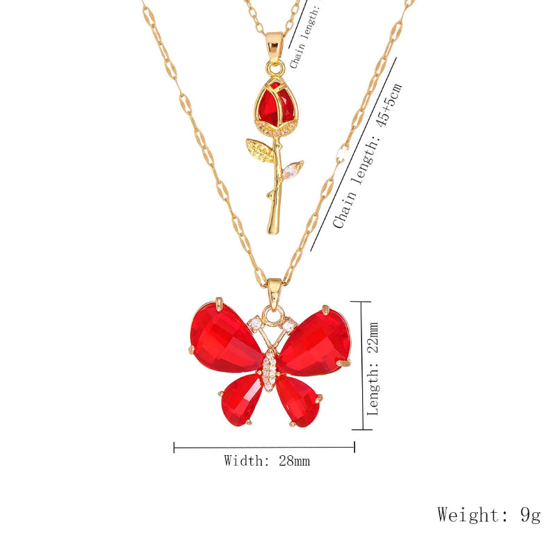Kawaii Enchanting Butterfly Rose Necklace showing the dimension in the red color