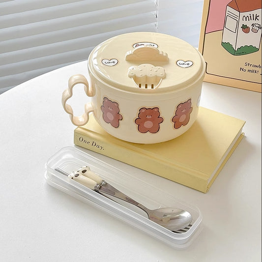 Kawaii Teddy Bear Ramen Bown With Lid