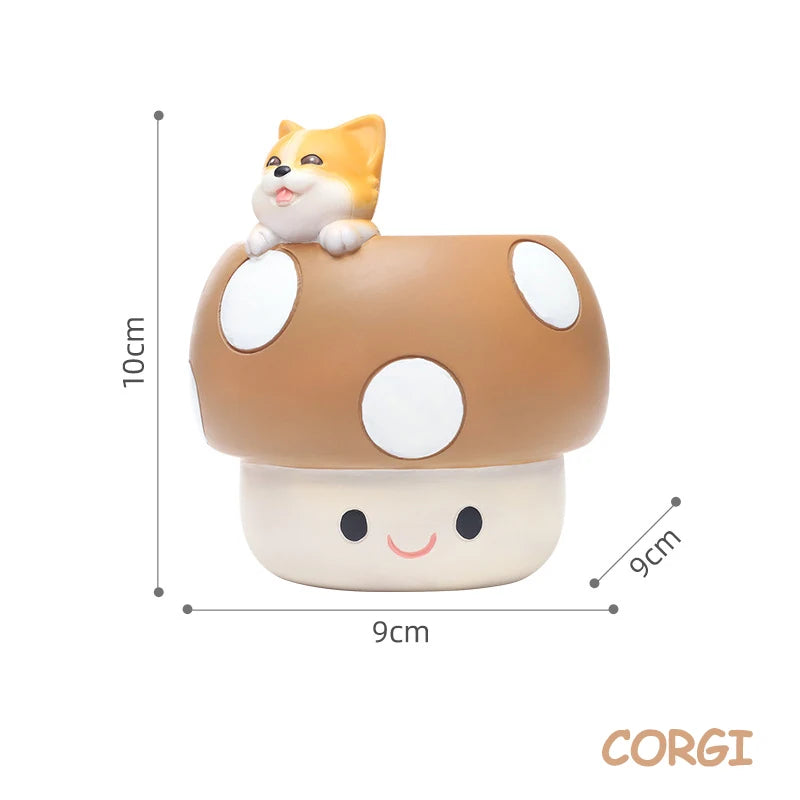 happy mushroom planter with brown top and corgi figure with product dimensions