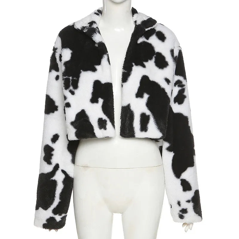 Kawaii Cow Print Faux Furry Cropped Coat