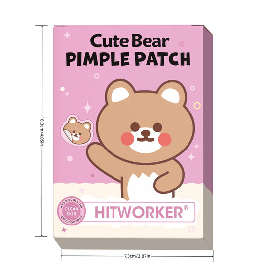 cute bear pimple patches box, showing the measurements of the packaging on a white background.