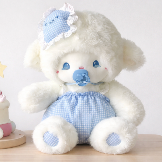 White kawaii plush lamb toy with blue pacifier sitting on a wooden surface with a white background