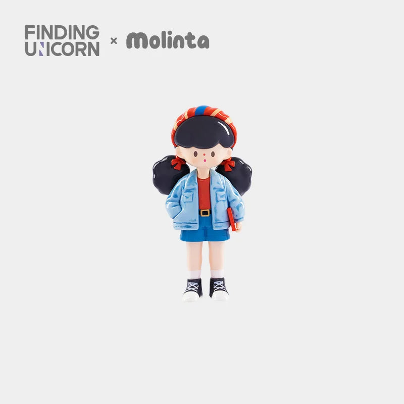 Toy figure of a girl with pigtails and a blue outfit on a white background, featuring 'Finding Unicorn' and 'Molinta' logos.