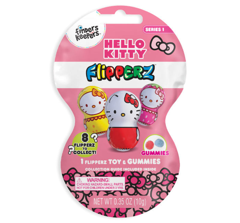 Hello Kitty Flipperz, the packagin displays what surprises you get inside with the candy, this is displayed on a white background.