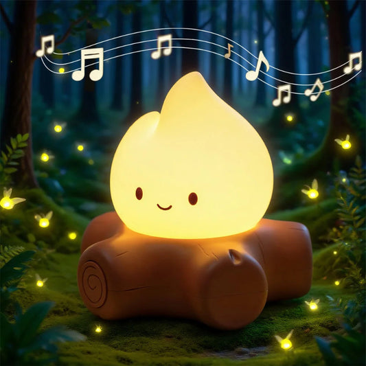 Cute night light shaped like a flame with musical notes in a forest setting