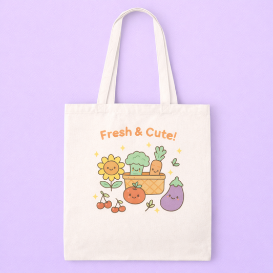 Kawaii Farmer's Market Tote Bag on a PPastel urple Background