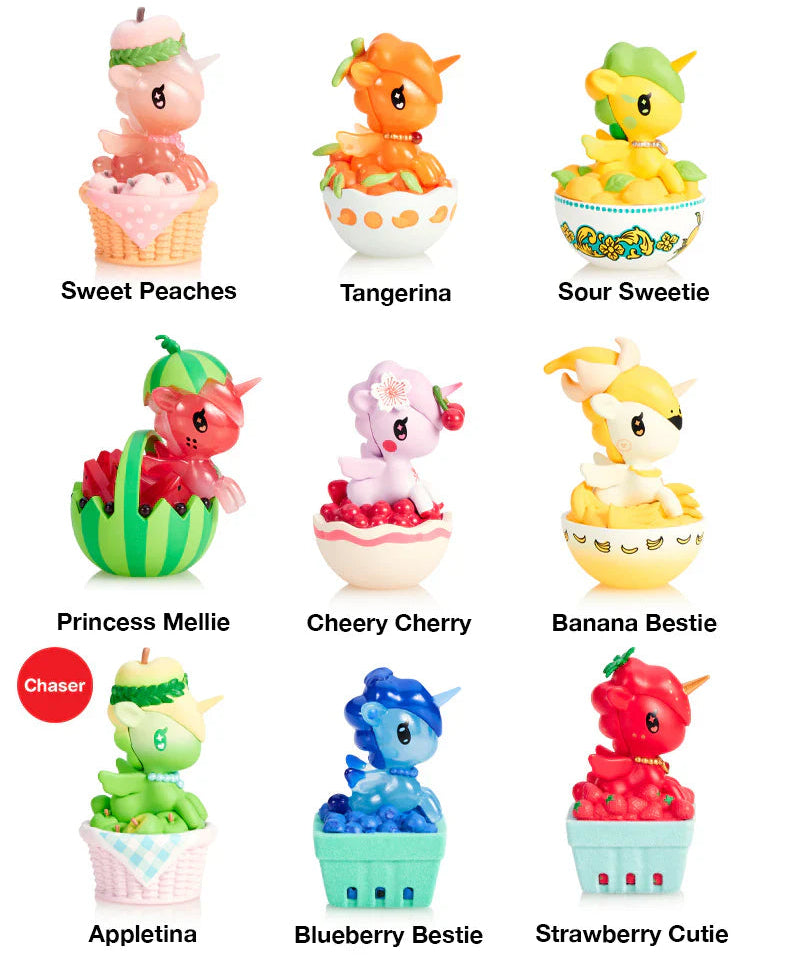 Collection of colorful fruit-themed kawaii blind box figurines with labels on a white background