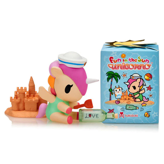 Toy figure with pink hair and a blue box labeled 'Fun in the Sun Unicorno' on a white background