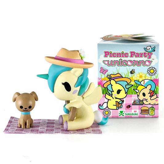 Kawaii Unicorn Blind Box Figure with a dog-like creature on a checkered blanket, with a 'Picnic Party Unicorn' box in the background.