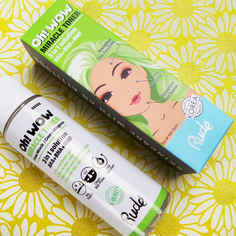 Kawaii Oh! Wow Miracle Toner on a bright yellow background with white flowers