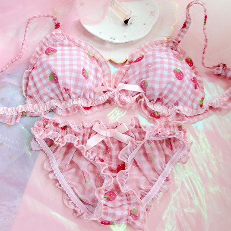 Kawaii Pink Strawberry Print Bra and Panties