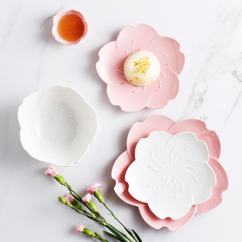 Kawaii Pink and White Cherry Blossom Ceramic Dishes