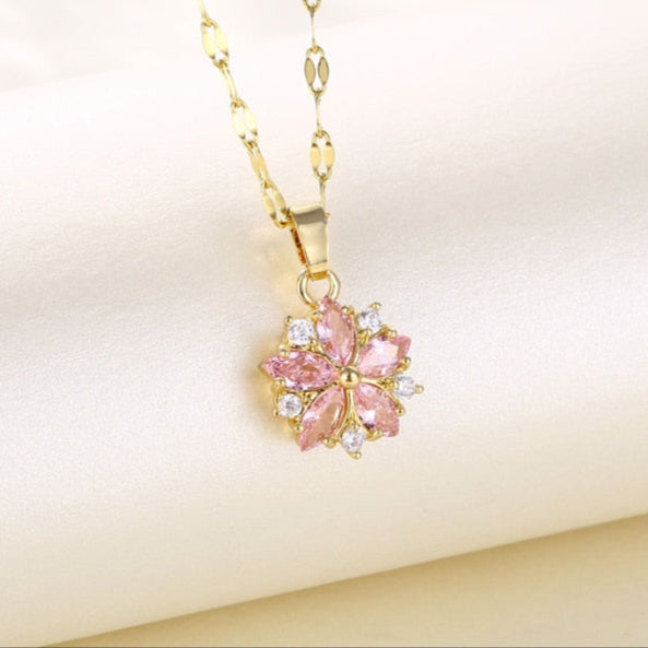 Kawaii Crystal Cherry Blossom Pendant Necklace