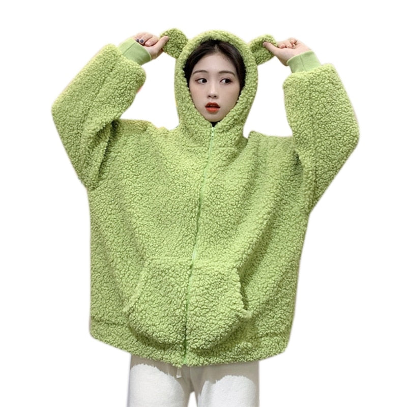 Model Wearing Kawaii Cozy Frog Hoodie