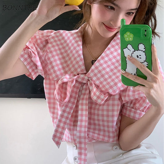 Kawaii Gingham Peter Pan Collar Shirt