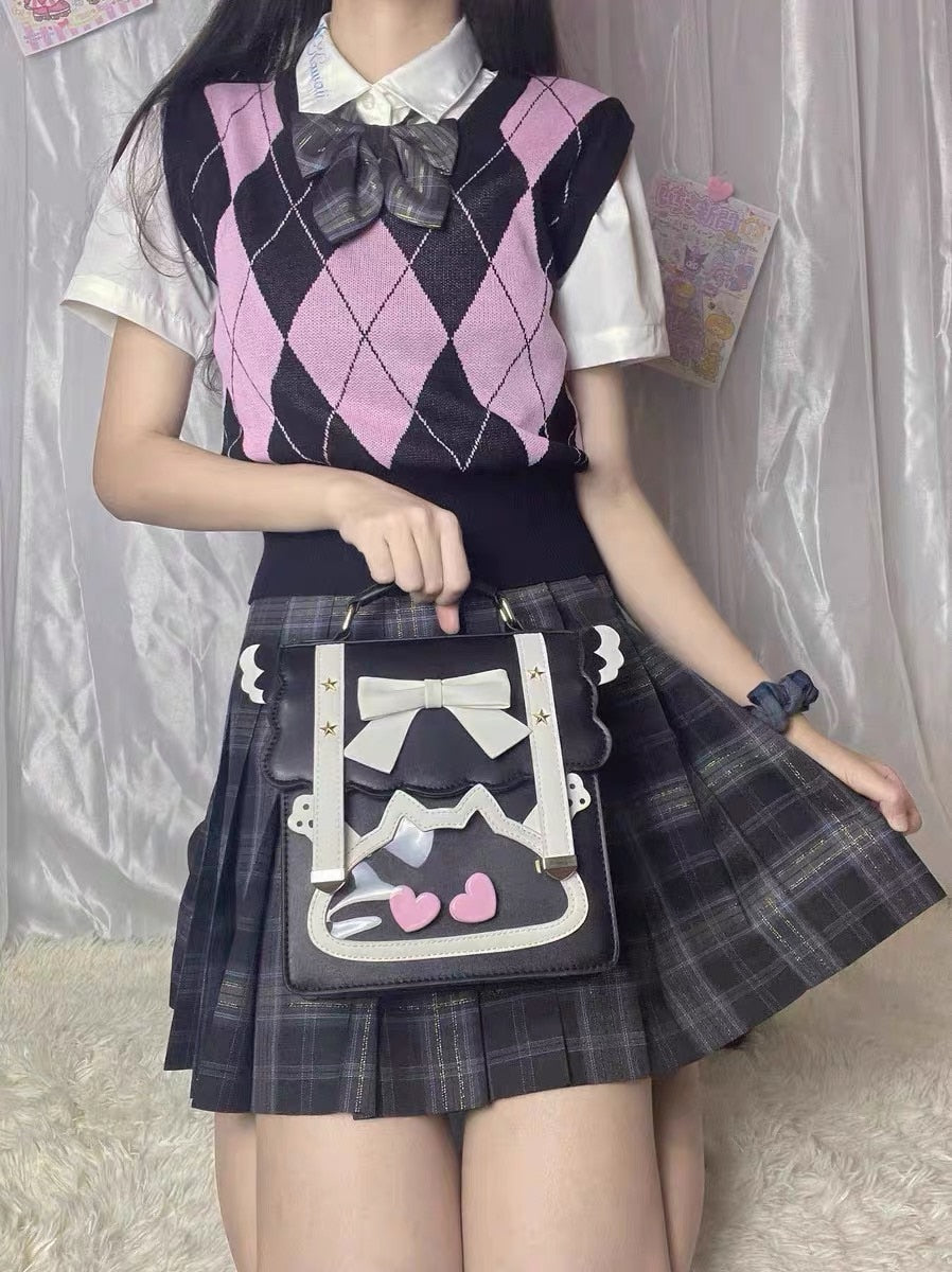 Model Holding Kawaii Black and White Bow Backpack