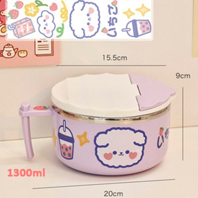 Kawaii Purple Ramen Bowl and Lid With Puppy and Boba Tea Design
