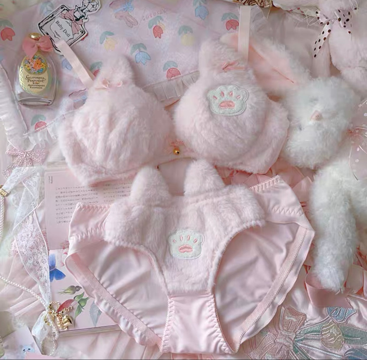 Kawaii Pink Cat Paw Plush Underwear Set
