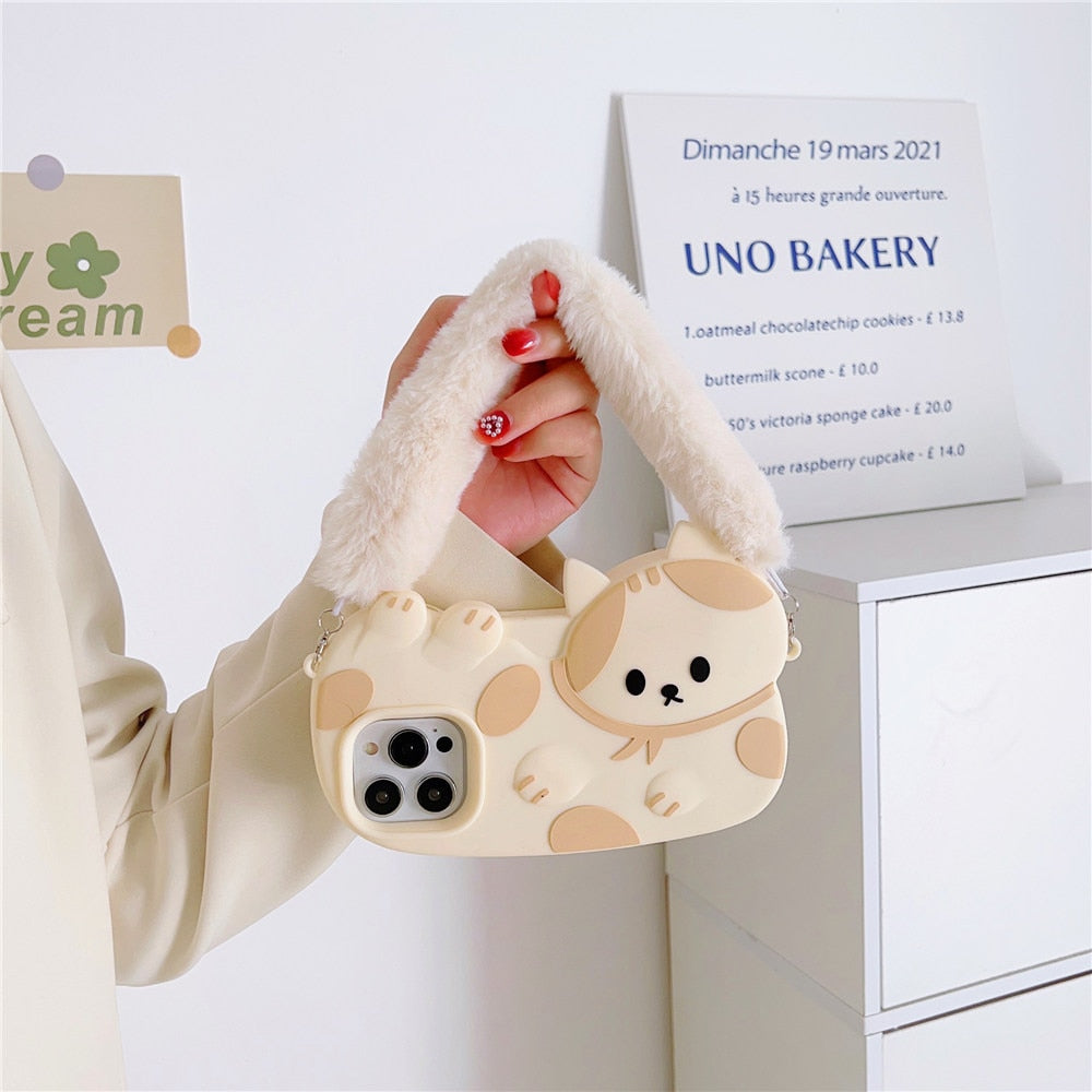 Model Holding Kawaii Cat iPhone Case With Fluffy Strap