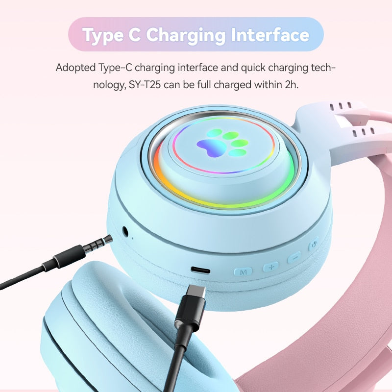 Kawaii Bluetooth Cat Headphones With Microphone Charging Interface