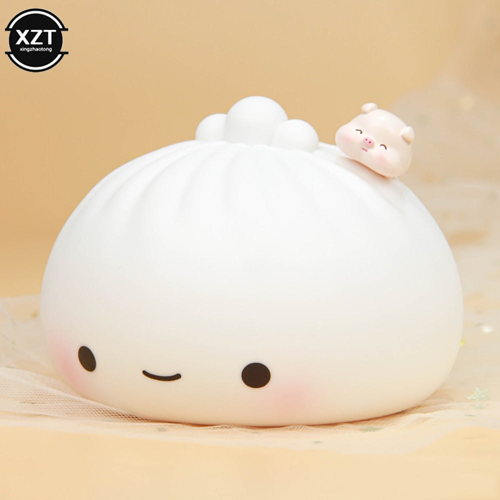 Kawaii Dumpling Bun LED Night Light with Small Pink Pig