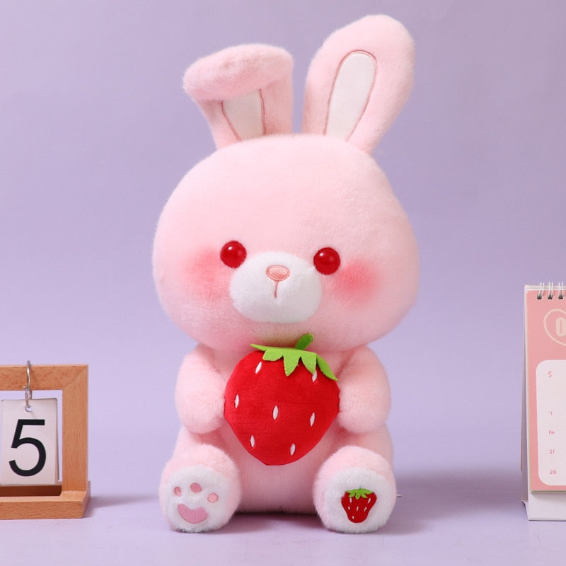 Kawaii Pink Bunny Plushie Holding a Strawberry