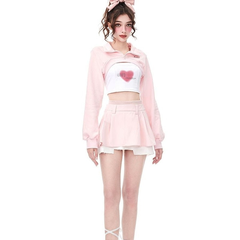 Model Wearing Kawaii Pink Cropped Sweatshirt, Tank, and Skirt