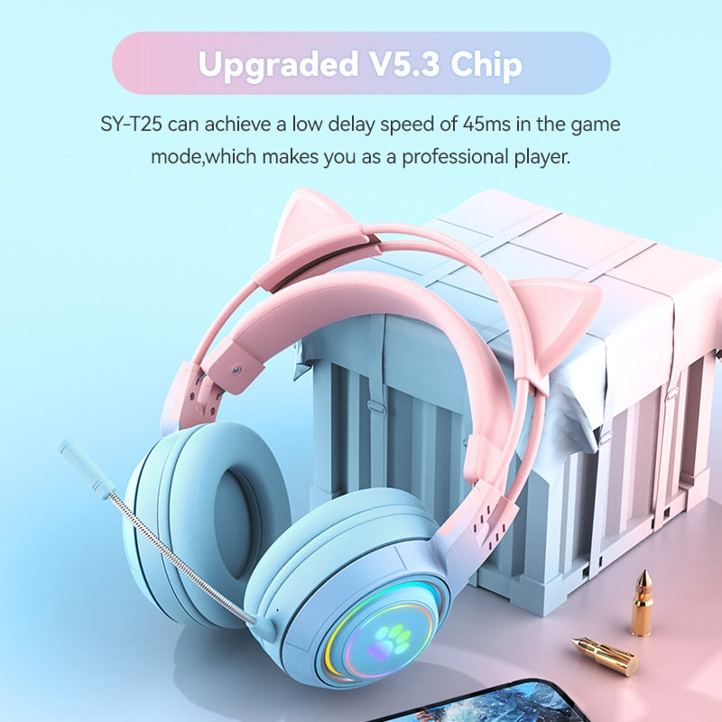 Kawaii Bluetooth Cat Headphones With Microphone Upgraded V5.3 Chip