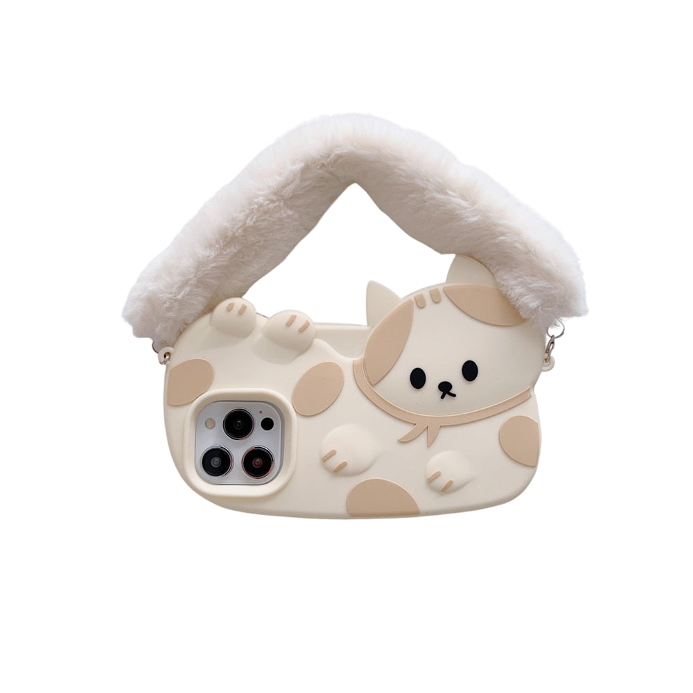 Kawaii Cat iPhone Case With Fluffy Strap