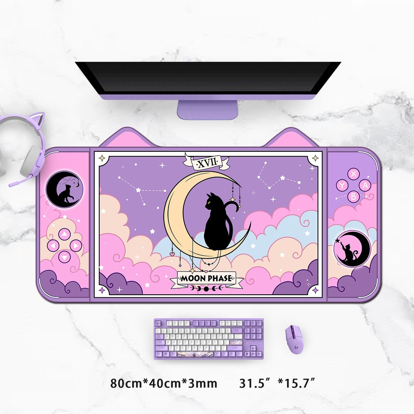 Moon Cat Kawaii Purple Desk Pad