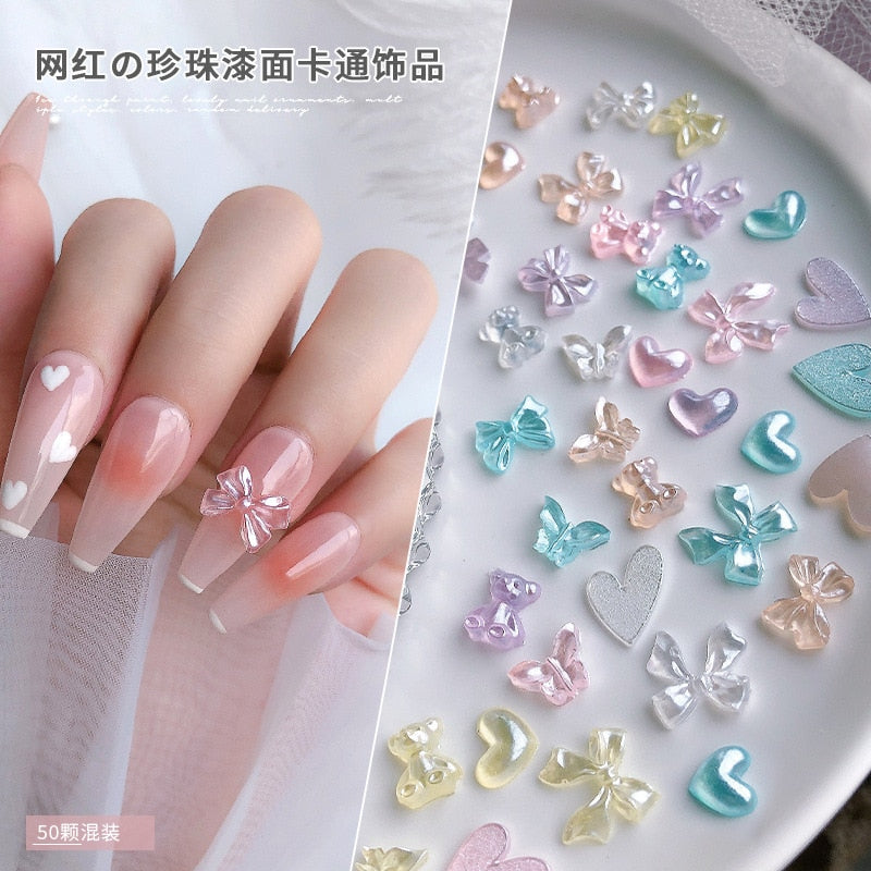 Model Wearing Kawaii Bow Shiny Pastel Nail Charm