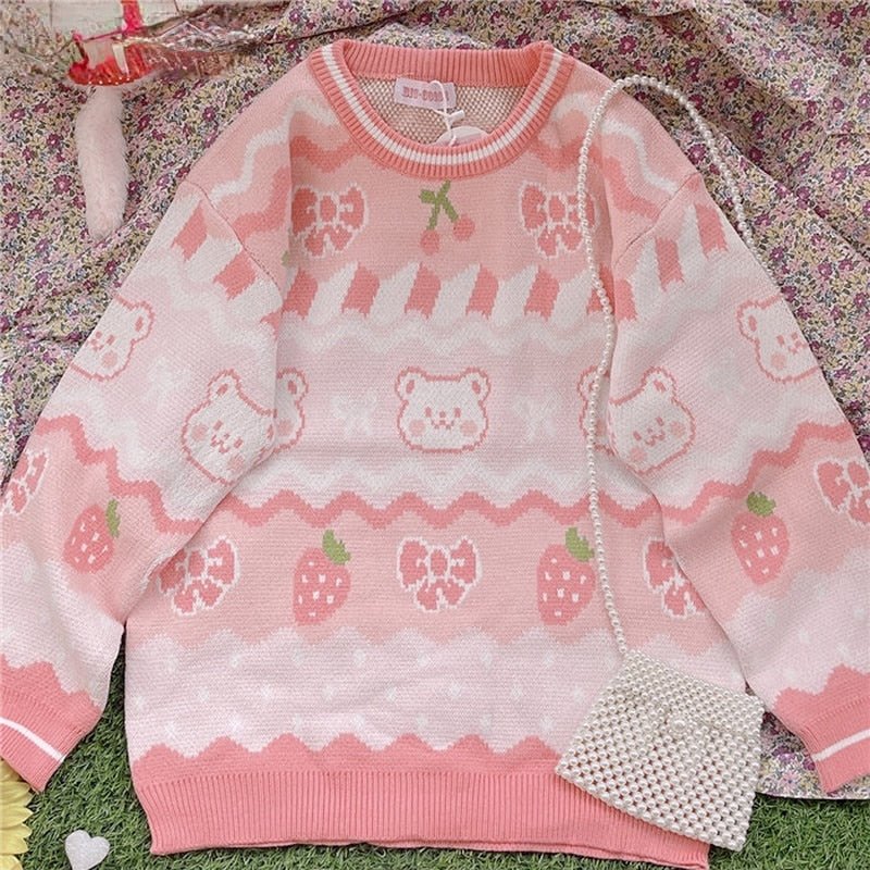 Kawaii Pink Strawberry Bear Jumper