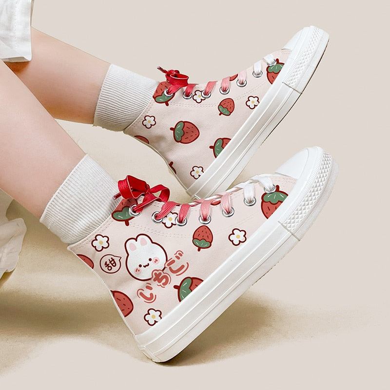 Model Wearing Kawaii Strawberry Bunny High Tops