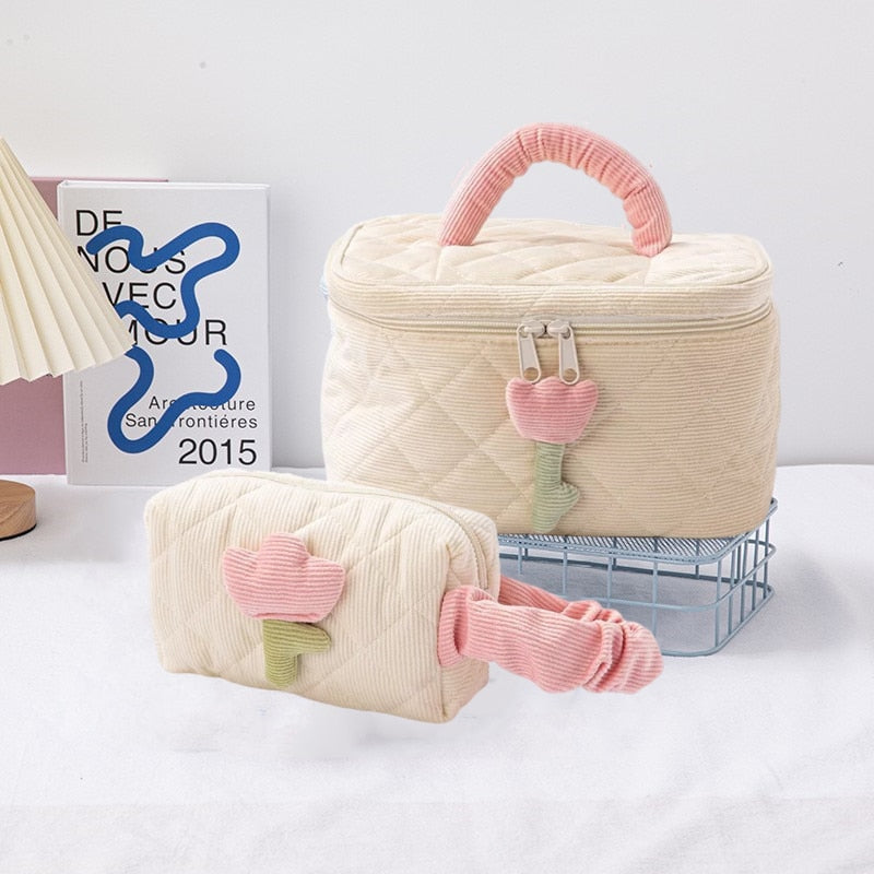 Kawaii Pastel Yellow and Pink Flower Makeup Bags